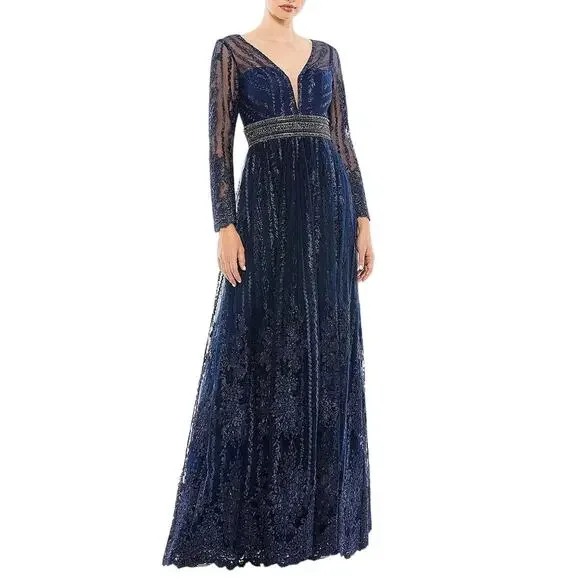 mac duggal beaded deep-v neck lace dress Mac Duggal Beaded Deep-V Neck Lace Dress